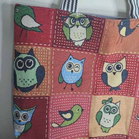 Unbranded Owl Tote Bag Canvas Patchwork Gray Striped Handles - Picture 6 of 7